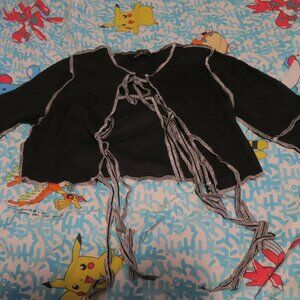 Akira Contrast Stitch Ribbed Tie-Front L/S Top Black Size 1XL Lace Gothic Rave